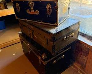 Vintage Black Metal Trunks Set with Brass Hardware and Leather Handles