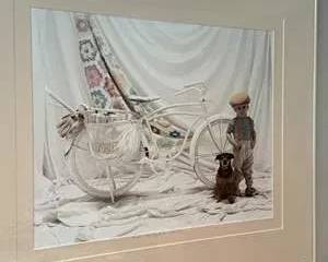 Framed Artwork Vintage Style Boy with Dog and White Bicycle Scene