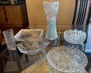 Clear Cut Glass Crystal Vase and Decorative Glass Serving Bowls