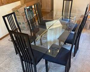 Modern Black Wooden Dining Table Set with Glass Top and Six Chairs