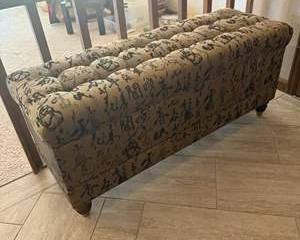 Beige Tufted Upholstered Bench with Black Asian Script Pattern and Wooden Legs