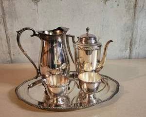 Vintage Maywood Rogers Silver Plated Coffee and Tea Set with Tray, Creamer, and Sugar Bowl