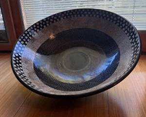Large Black and White Decorative Ceramic Bowl with Speckled and Geometric Pattern