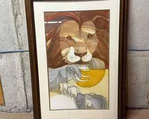 Framed Vintage Lion and Elephant Mixed Media Artwork Signed Morse