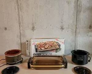 Pyrex Designs Party Serves Oblong Baking Dish with Brass Accent and Rival Crock-Pot Slow Cookers