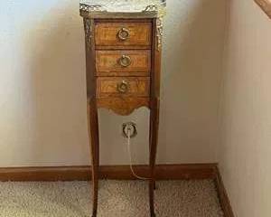 Antique Wooden Side Table with Marble Top and Ornate Brass Detailing