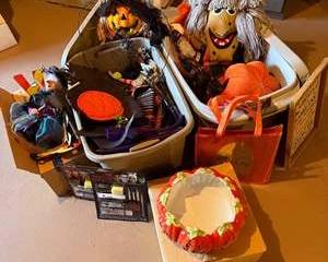 Halloween Decorations Collection Including Pumpkin Ceramic Bowl, Witch Dolls, and Pumpkin Figurines