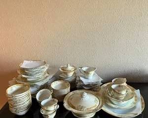 Elegant Noritake Gold Trimmed Floral Porcelain Dinnerware Set with Covered Serving Bowl and Creamer