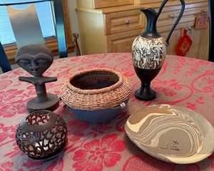 Vintage Ceramic and Wicker Decorative Vessels with African Tribal Figurine and Handcrafted Pottery Plate