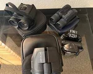 Black Compact Binoculars Set with Carrying Cases and Headlamp