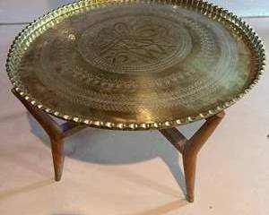 Vintage Ornate Round Brass Tray Table with Scalloped Edge and Intricate Engraving