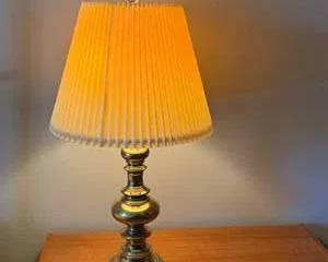 Brass Table Lamp with Pleated Cream Lampshade and Round Base