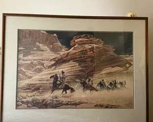 Framed Western Cowboy Horseback Riding Desert Landscape Art Print Signed