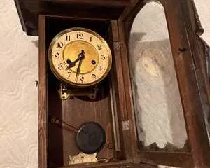 Vintage Wooden Wall Clock with Pendulum and Glass Door