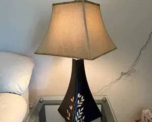 Black Decorative Table Lamp with Beige Fabric Shade and Leaf Pattern
