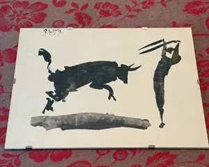 Picasso Toros + Tore ros Dated 3-4-59, Black Ink Minimalist Bull and Matador Silhouette Artwork