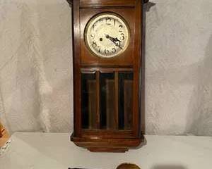 Vintage Wooden Wall Clock with Pendulum and Glass Panel Door