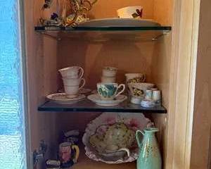 Decorative Vintage Porcelain Tea Cups, Gold Trimmed Plates, Floral Pitchers, and Collectible Ceramic Figurines