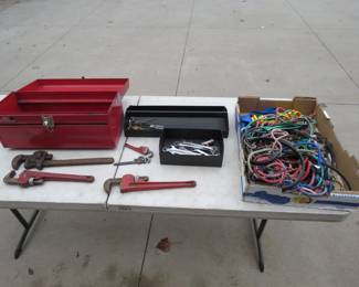 Lot 178. Pipe wrenches, combination wrenches, tool box, and more