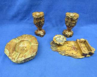 Lot 378. Alabaster ashtray, candlestick holders with an ashtray made from an unknown wood