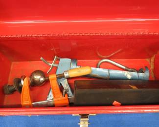 Lot 112. Waterloo Industries metal toolbox with clamp, whet stone in original wooden box contents