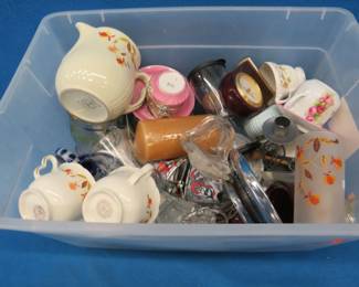 Lot 324. Sterilite tote (56 quart, no lid) with fancy china, Jewel Tea items , and more