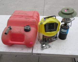 Lot 190. Minnow bucket, stringer, propane lantern, and marine gas tank