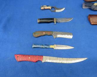 Lot 60. Five fixed-blade knives with leather sheaths