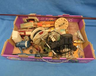 Lot 361. Flat of old and new fishing tackle including three #13 Rapalas, an extendable pole, rattle reels, and much more