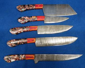 Lot 270. Five-piece Damascus kitchen knife set