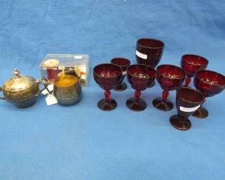 Lot 241. Ruby glassware, old thread spools, and silverplate pieces marked "Louisiana Lions 1961"