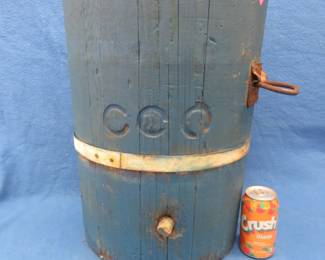 Lot 408. Vintage wooden bucket with a drain hole. 19" tall. Possibly from the CCC.
