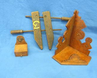 Lot 244. Wooden clamp, toothpick holder, and a fancy corner shelf