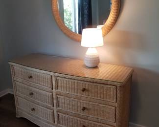 6-drawer wicker dresser with glass top; matching mirror; table lamp