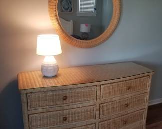 6-drawer wicker dresser with glass top; matching mirror; table lamp