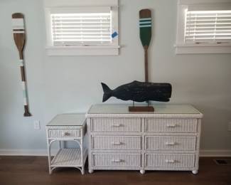 6-drawer wicker dresser with glass top; matching 1-drawer nightstand with glass top; decorative oars; whale