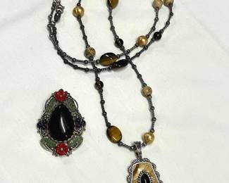 HST268- Designer Carolyn Pollack 925 Silver Tigers Eye Jasper Necklace & Pendant 