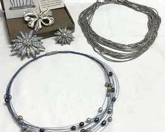 HST278- Nolan Miller &Swarovski Crystal Broaches/ Honora Fresh water Pearl & Silver Colored Necklace