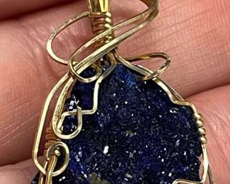 HST245- Beautiful Natural Blue Stone Pendant W/ 10k Gold Wire