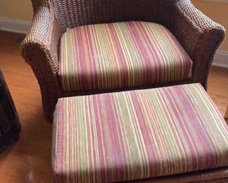 Wicker Armchair and Ottoman Set with Striped Cushions