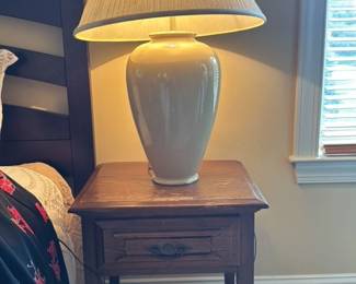 Vintage Wooden Nightstand with Drawer and Lamp