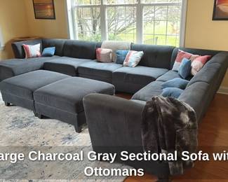 Large Charcoal Gray Sectional Sofa with Ottomans