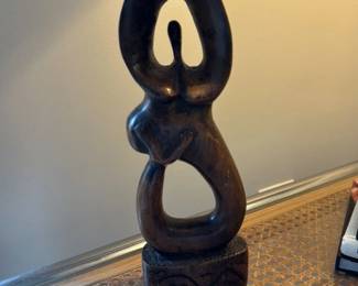 Abstract Wooden Sculpture of Embracing Figures