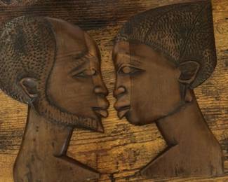 Vintage African Wood Carving Wall Art - Couple Facing