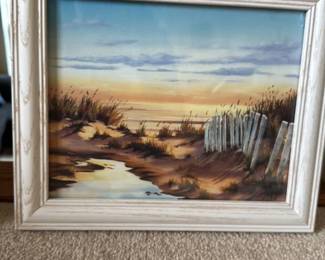 Framed Beach Sunset Painting