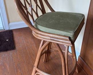 Vintage Rattan Swivel Bar Stools with Green Upholstery
