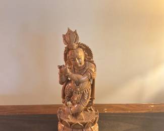 Carved Wooden Statue of Lord Krishna Playing Flute