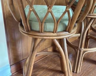 Vintage Rattan Swivel Bar Stools with Green Upholstery