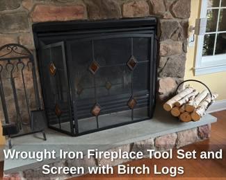 Wrought Iron Fireplace Tool Set and Screen with Birch Logs