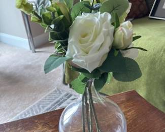 Artificial White Rose and Eucalyptus Arrangement in Glass Vase